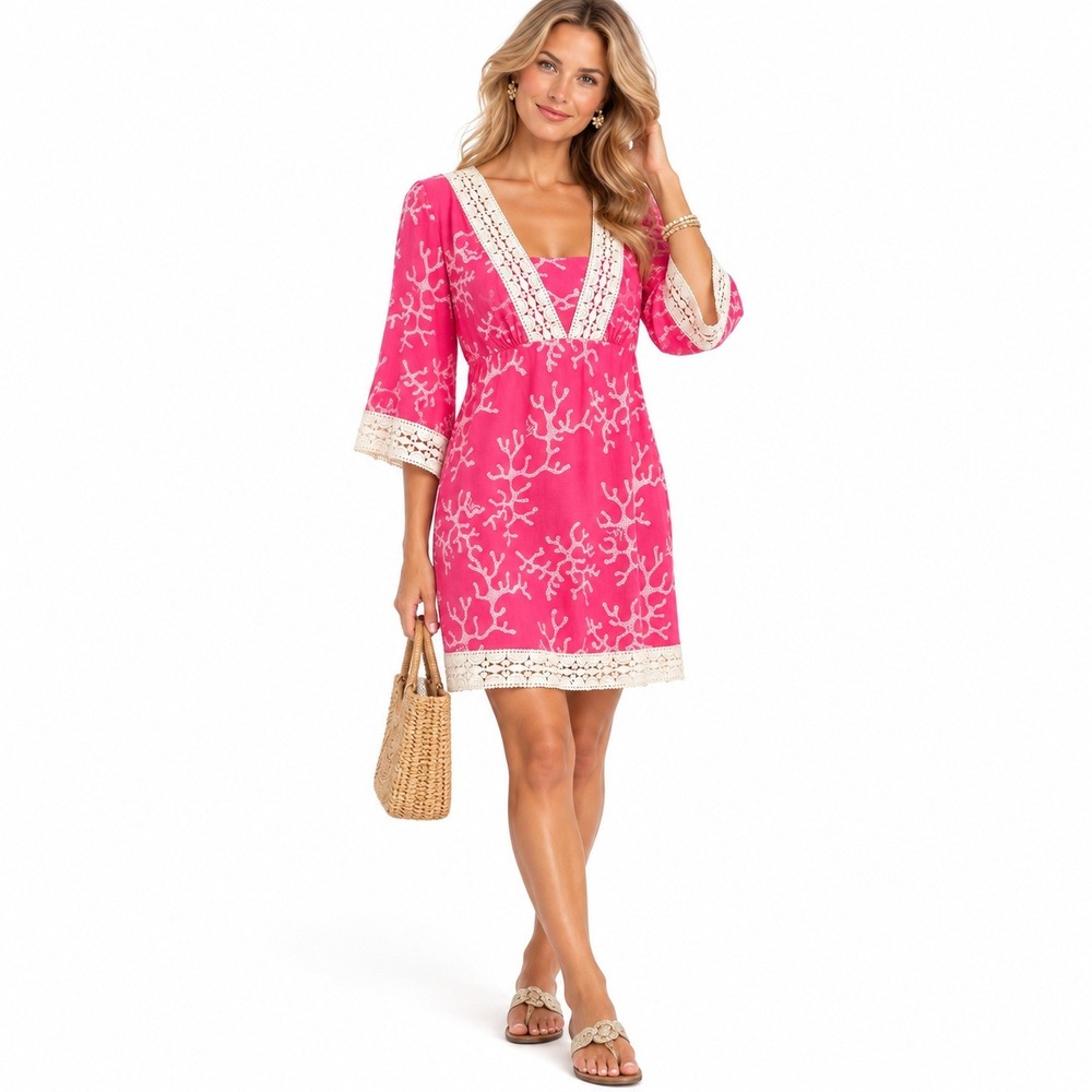 Lilly Pulitzer Sherman Coral Print Dress 10 Pink Lace Trim Coastal Beach Resort